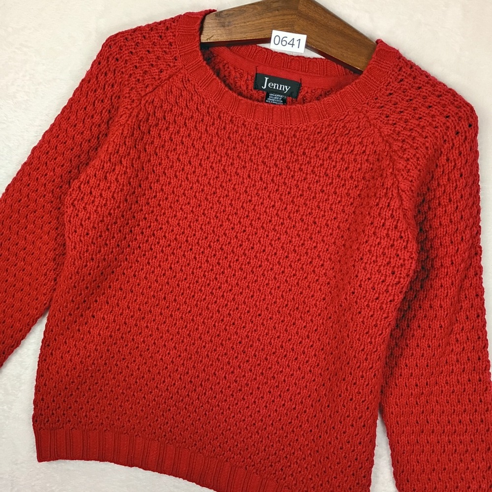 Jenny Sweater Womens XL Red Open Knit Raglan Sleeve Pullover Cottage Boho Y2K